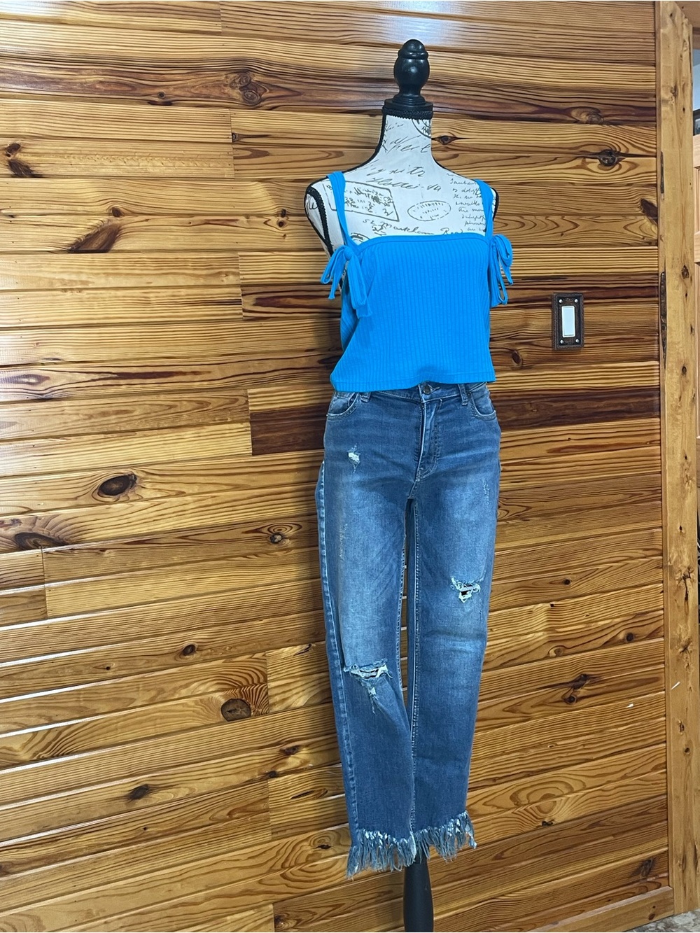 Free People Bright Blue Distressed Straight Jeans with Frayed Hem